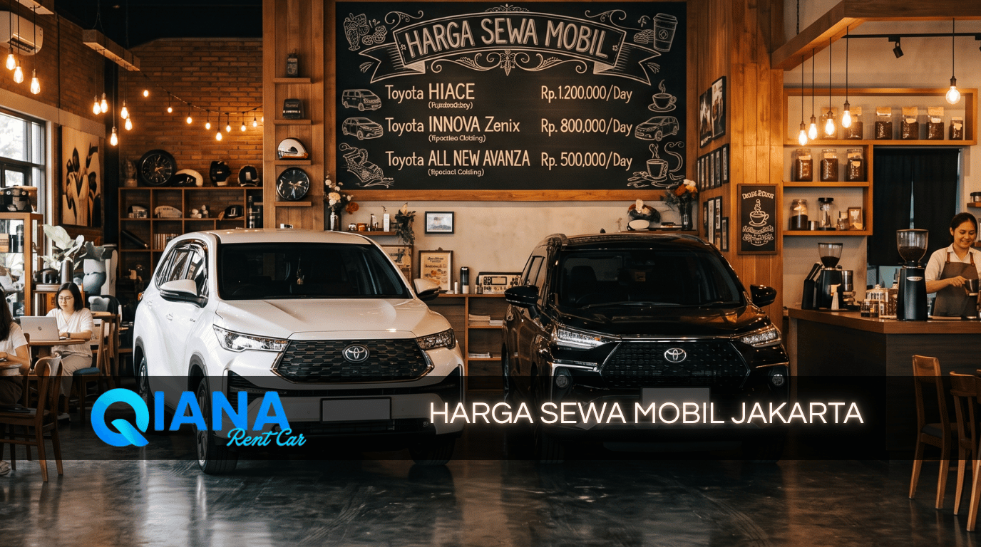Harga sewa mobil Jakarta terpampang di papan menu cafe vintage, dengan Toyota Innova Zenix putih dan Avanza hitam di dalam garasi – Qiana Rent Car